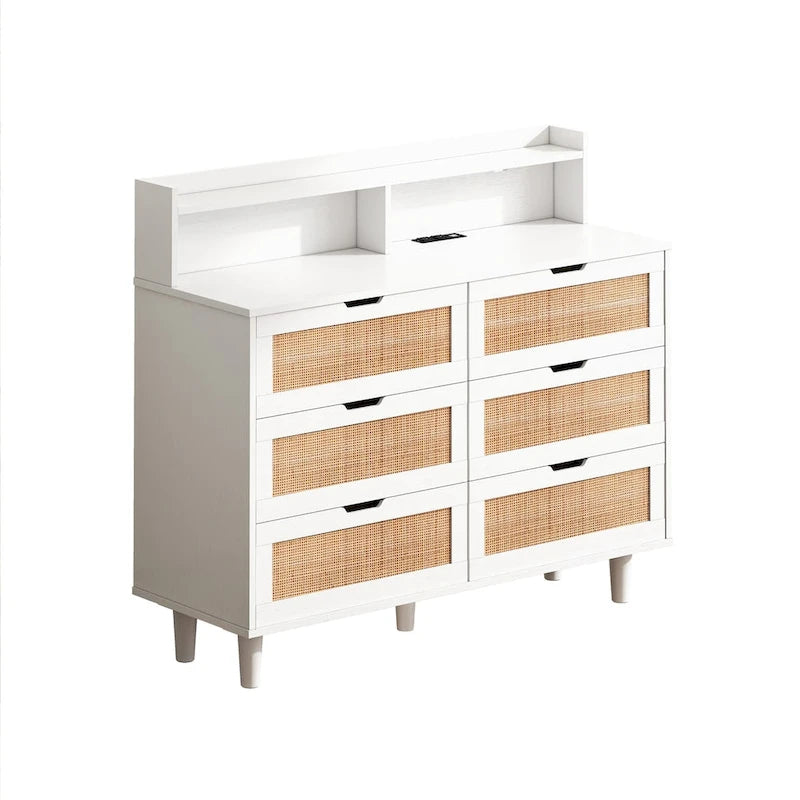 Scrivania da trucco singola in rattan a 6 cassetti (Nero/Bianco/Naturale) con luci LED e presa di corrente