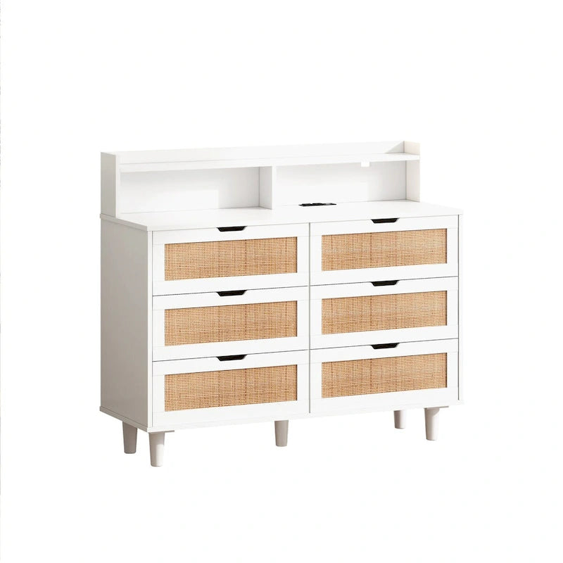 Scrivania da trucco singola in rattan a 6 cassetti (Nero/Bianco/Naturale) con luci LED e presa di corrente