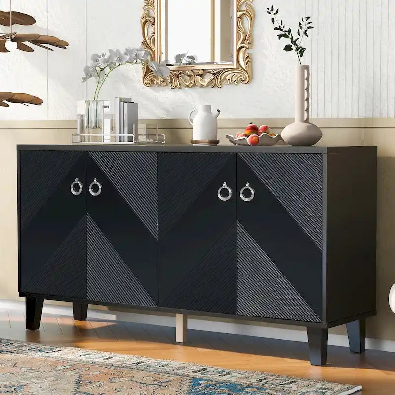 Mobile credenza nero/argento a 2 ante, 152 cm, motivo geometrico