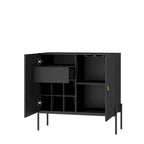 Credenza Nera con 2 Cassetti, 2 Armadietti e Portabottiglie da 6 Bottiglie
