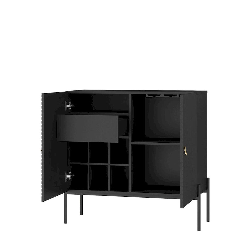 Credenza Nera con 2 Cassetti, 2 Armadietti e Portabottiglie da 6 Bottiglie