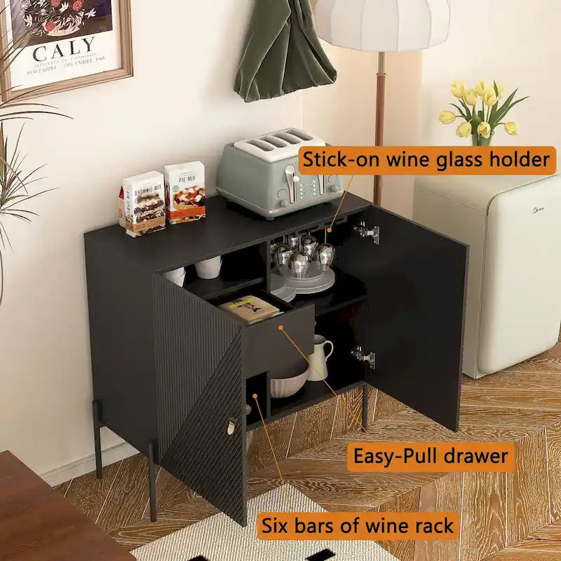 Credenza Nera con 2 Cassetti, 2 Armadietti e Portabottiglie da 6 Bottiglie