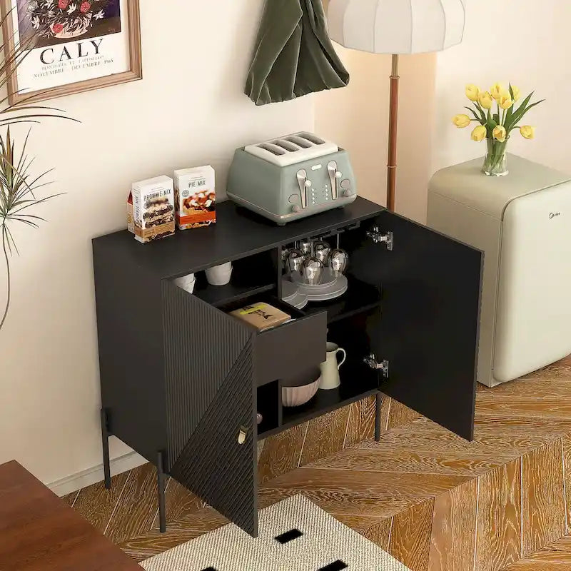 Credenza Nera con 2 Cassetti, 2 Armadietti e Portabottiglie da 6 Bottiglie