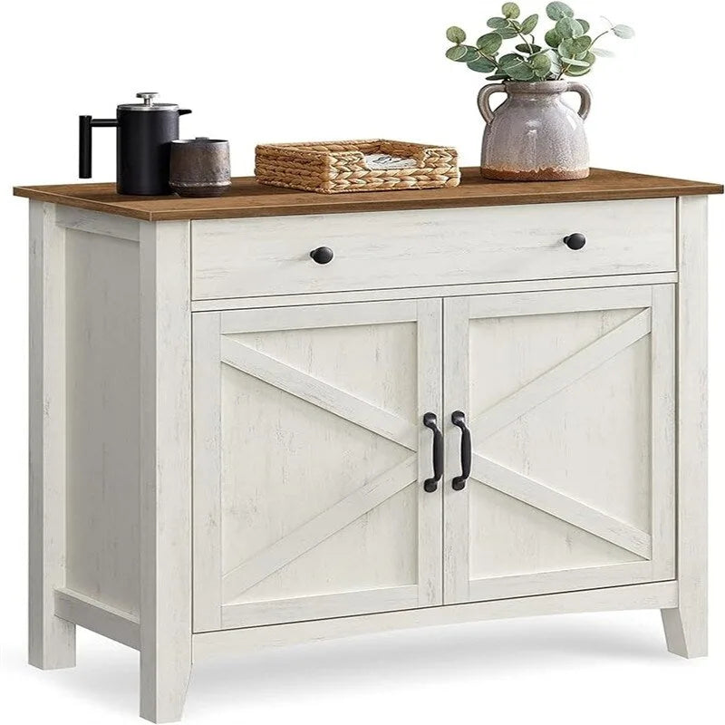 Credenza con anta scorrevole rustica bianca e marrone miele/grigio pietra – 1 cassetto, 1 armadietto, adatta per 1-2 persone