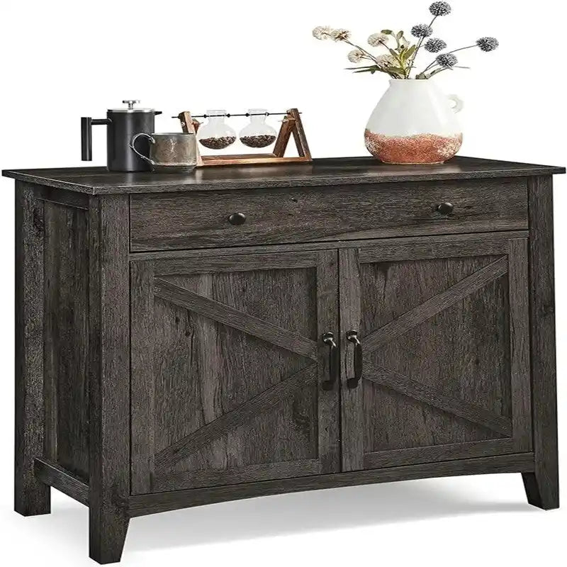Credenza con anta scorrevole rustica bianca e marrone miele/grigio pietra – 1 cassetto, 1 armadietto, adatta per 1-2 persone