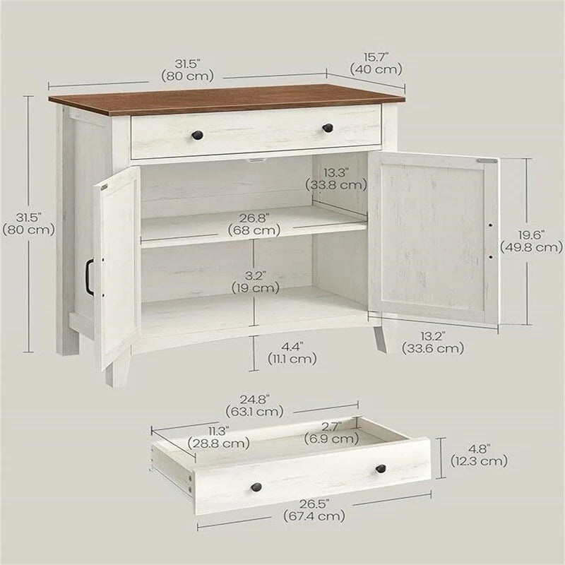Credenza con anta scorrevole rustica bianca e marrone miele/grigio pietra – 1 cassetto, 1 armadietto, adatta per 1-2 persone