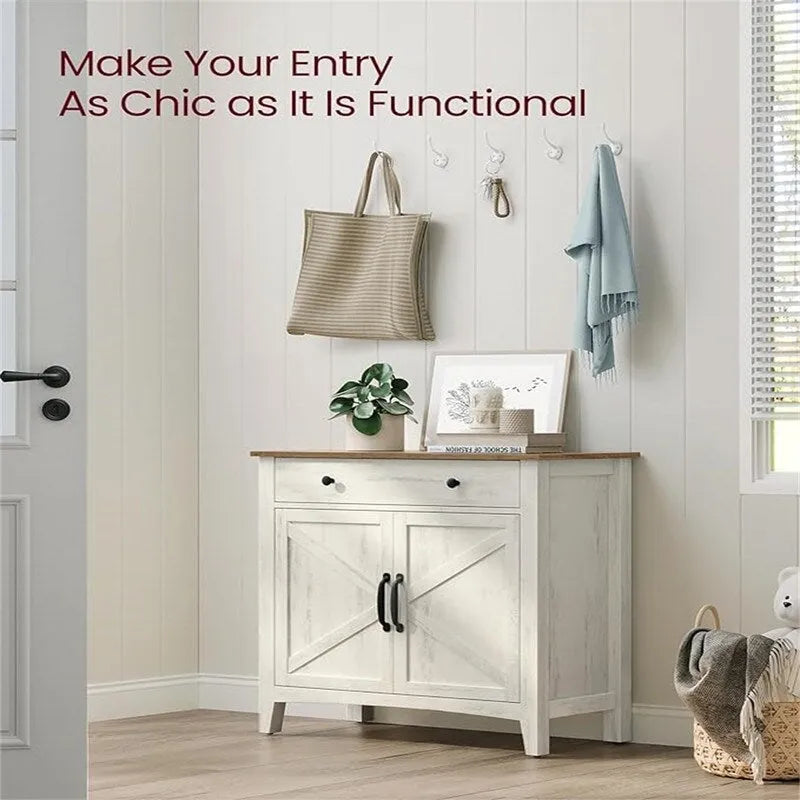 Credenza con anta scorrevole rustica bianca e marrone miele/grigio pietra – 1 cassetto, 1 armadietto, adatta per 1-2 persone
