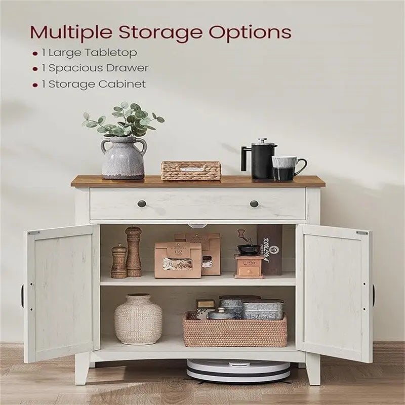 Credenza con anta scorrevole rustica bianca e marrone miele/grigio pietra – 1 cassetto, 1 armadietto, adatta per 1-2 persone