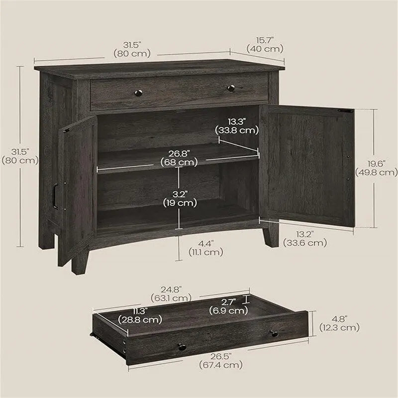 Credenza con anta scorrevole rustica bianca e marrone miele/grigio pietra – 1 cassetto, 1 armadietto, adatta per 1-2 persone