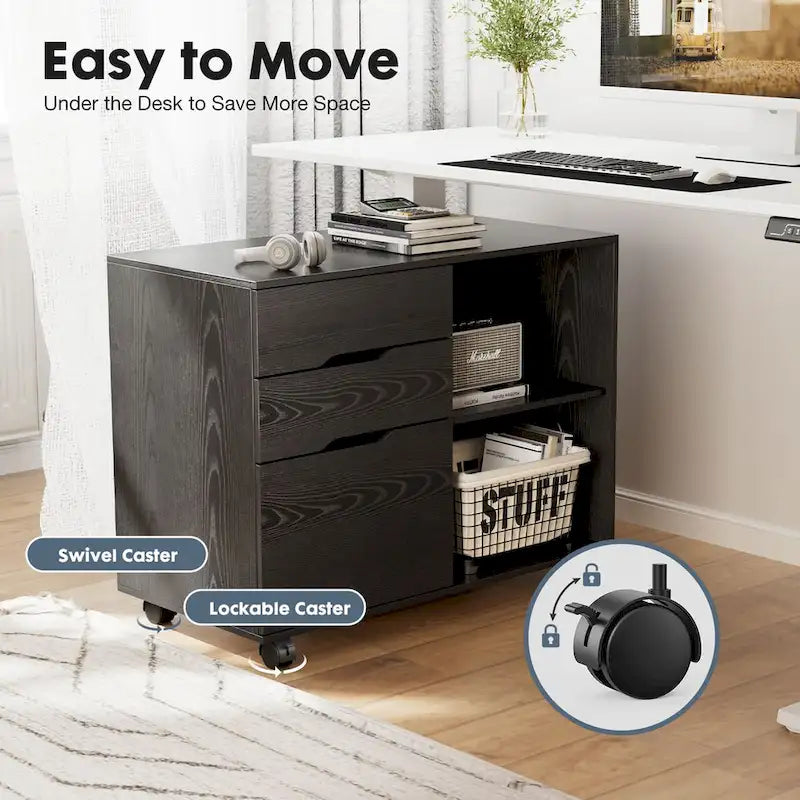 Mobile Lateral File Cabinet & Printer Stand with 3 Drawers and 2 Open Shelves
