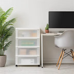 Carrello Contenitore a 4 Cassetti con Cassetti Satinati, Bianco/Nero, Unità Singola