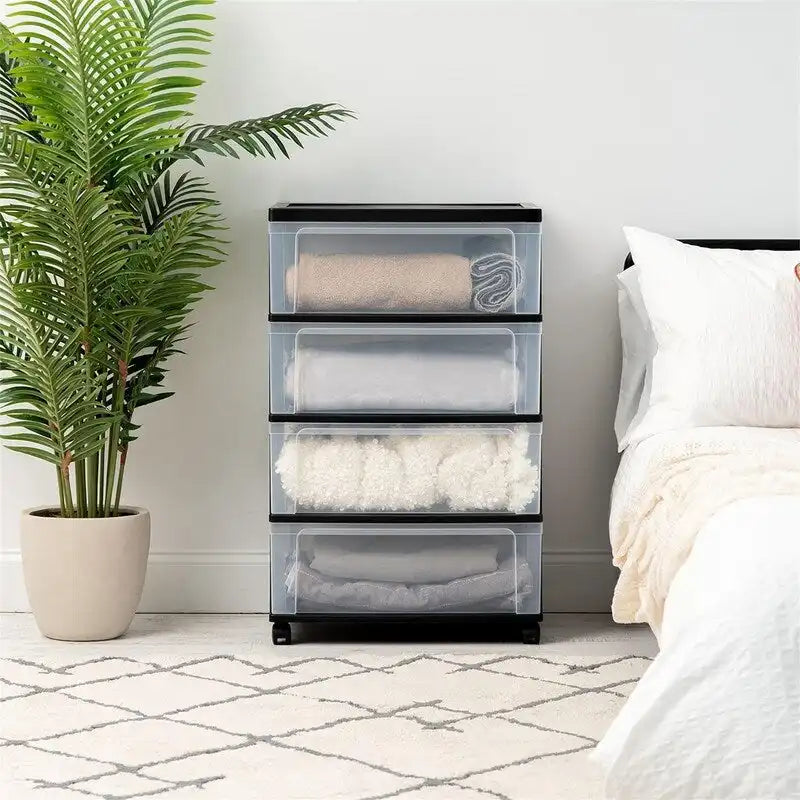 Carrello Contenitore a 4 Cassetti con Cassetti Satinati, Bianco/Nero, Unità Singola