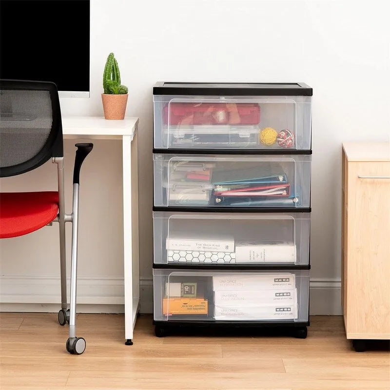 Carrello Contenitore a 4 Cassetti con Cassetti Satinati, Bianco/Nero, Unità Singola