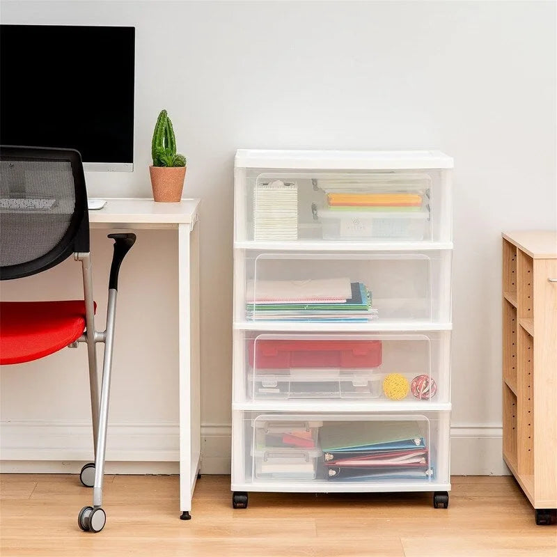Carrello Contenitore a 4 Cassetti con Cassetti Satinati, Bianco/Nero, Unità Singola
