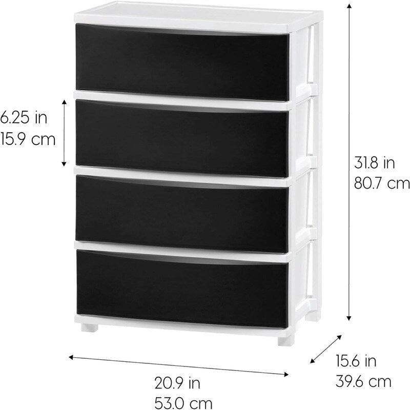 Carrello Contenitore a 4 Cassetti con Cassetti Satinati, Bianco/Nero, Unità Singola