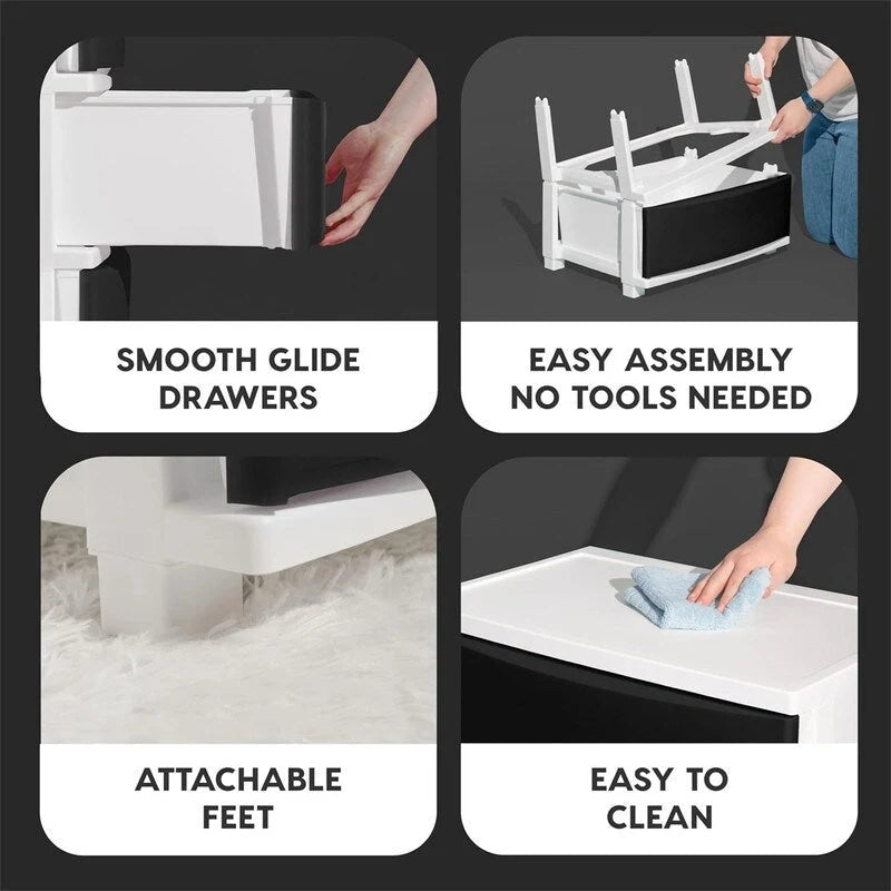 Carrello Contenitore a 4 Cassetti con Cassetti Satinati, Bianco/Nero, Unità Singola