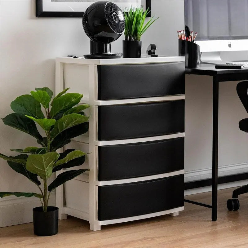 Carrello Contenitore a 4 Cassetti con Cassetti Satinati, Bianco/Nero, Unità Singola