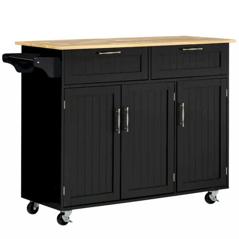 Carrello da Cucina Nero con Piano in Legno, Armadietto a 3 Ante, Cassetti e Portasciugamani, Uso per 1 Persona