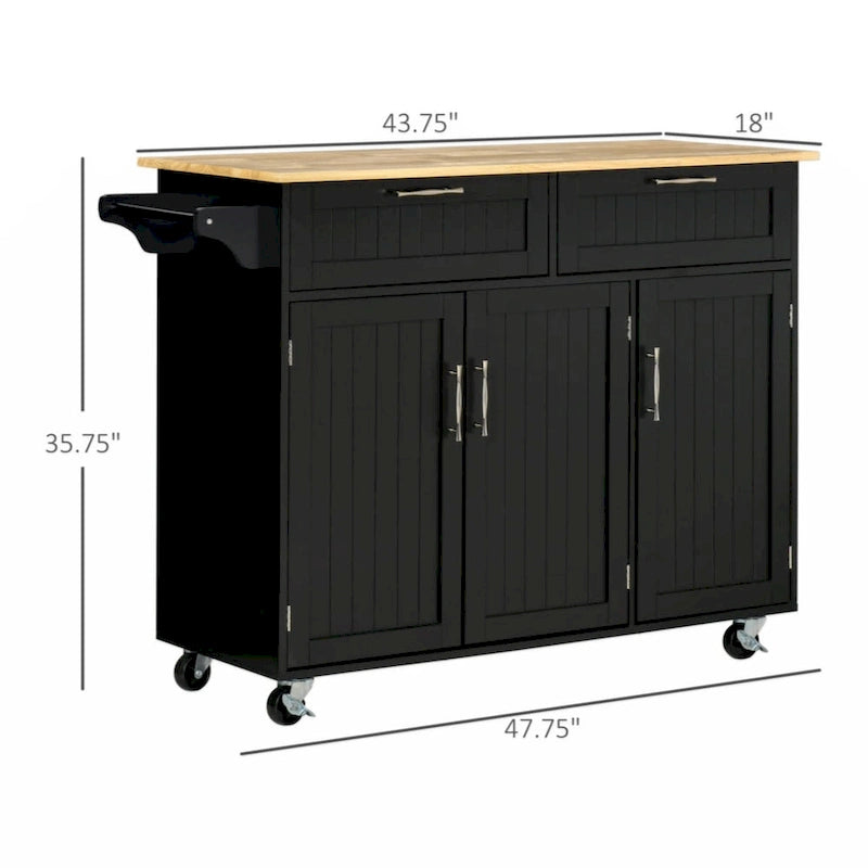 Carrello da Cucina Nero con Piano in Legno, Armadietto a 3 Ante, Cassetti e Portasciugamani, Uso per 1 Persona