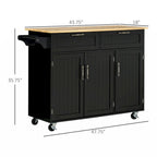 Carrello da Cucina Nero con Piano in Legno, Armadietto a 3 Ante, Cassetti e Portasciugamani, Uso per 1 Persona