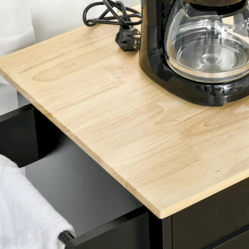 Carrello da Cucina Nero con Piano in Legno, Armadietto a 3 Ante, Cassetti e Portasciugamani, Uso per 1 Persona