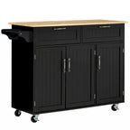 Carrello da Cucina Nero con Piano in Legno, Armadietto a 3 Ante, Cassetti e Portasciugamani, Uso per 1 Persona