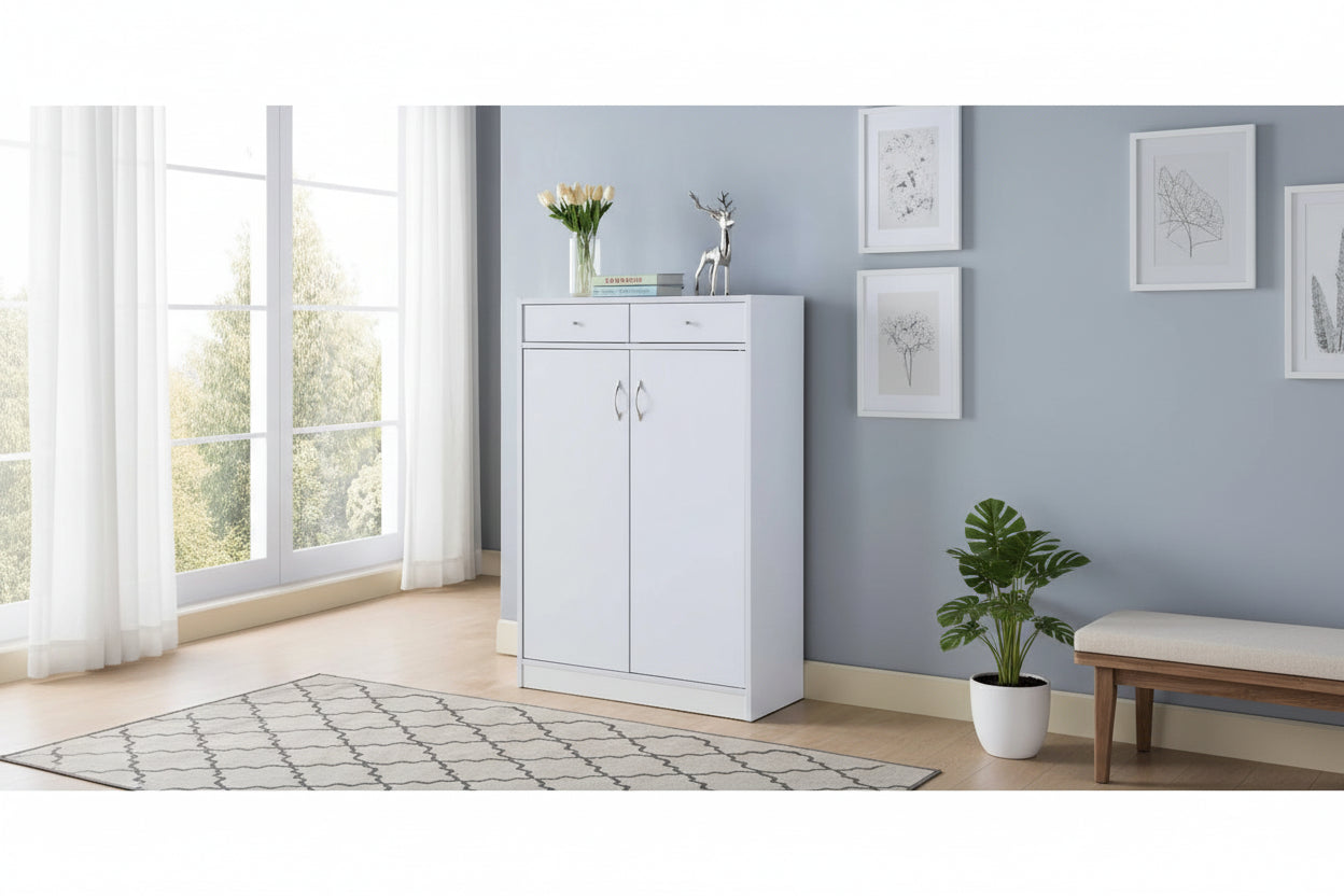 White Shoe Storage Cabinet with Fives Shelves, Two Drawers, Fits 15 Pairs of Shoes