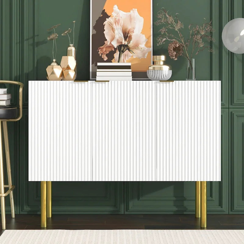 Credenza bianca/nera da 47" a 3 ante con gambe dorate e ripiani regolabili