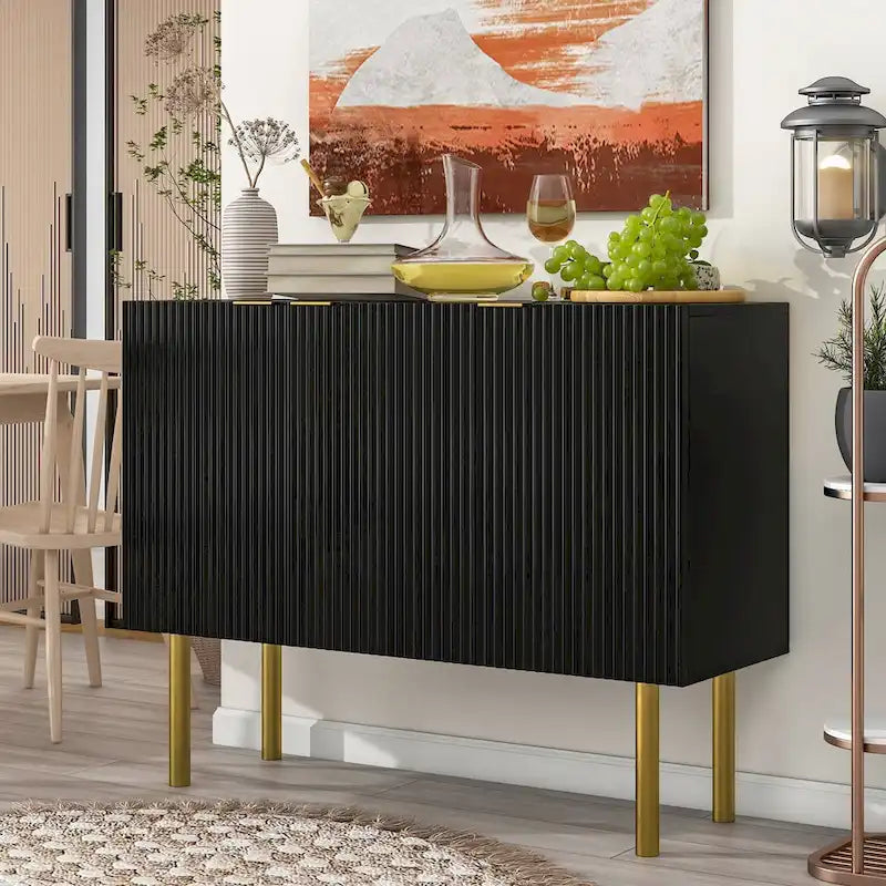 Credenza bianca/nera da 47" a 3 ante con gambe dorate e ripiani regolabili