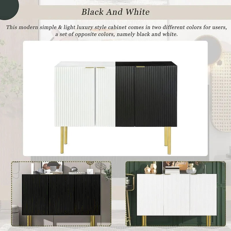Credenza bianca/nera da 47" a 3 ante con gambe dorate e ripiani regolabili