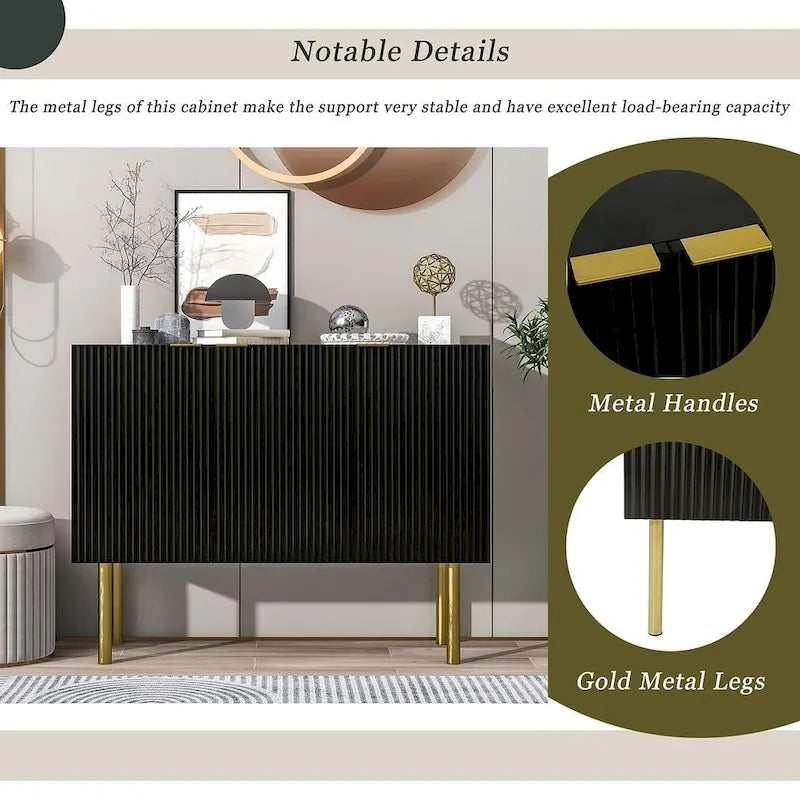 Credenza bianca/nera da 47" a 3 ante con gambe dorate e ripiani regolabili