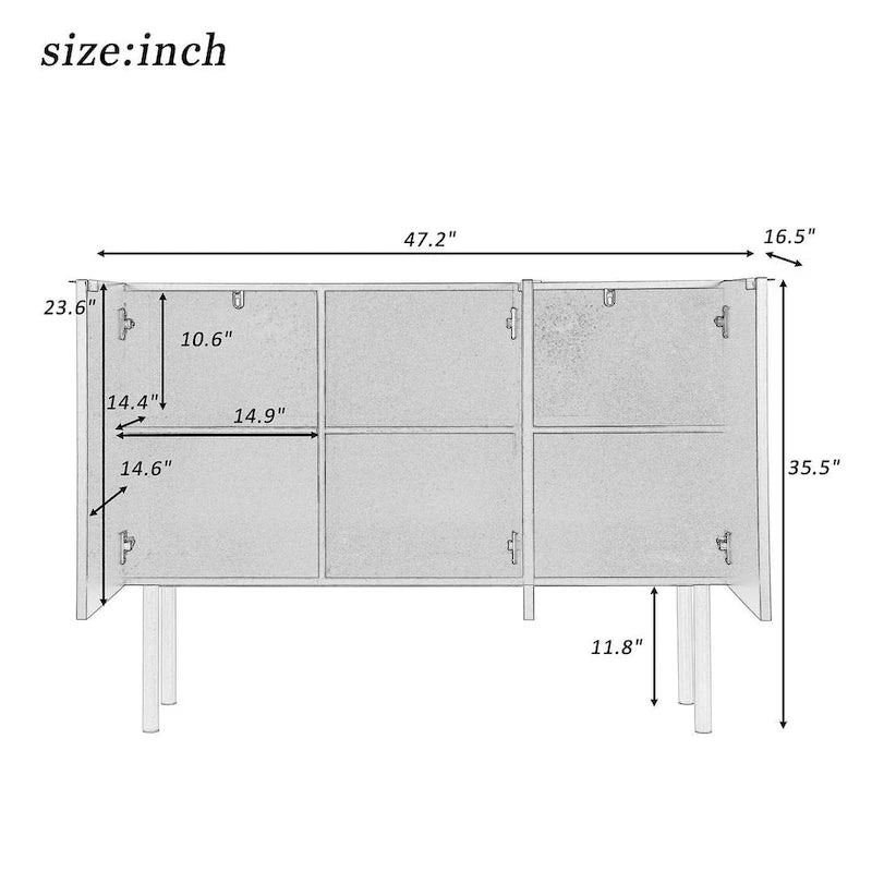 Credenza bianca/nera da 47" a 3 ante con gambe dorate e ripiani regolabili
