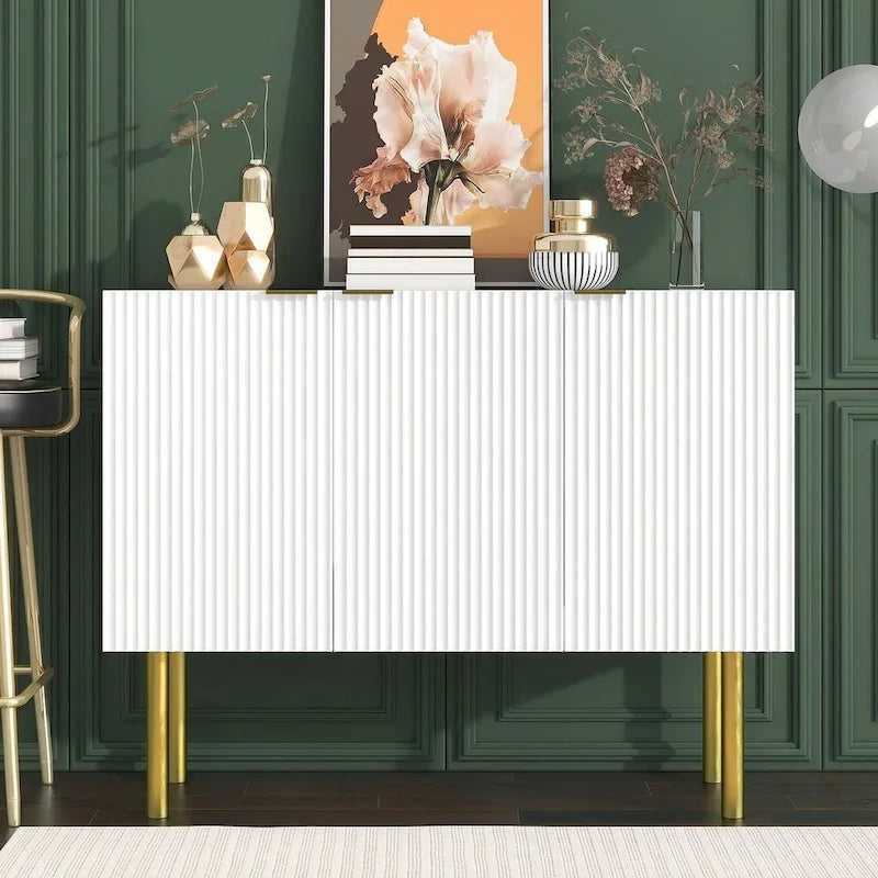 Credenza bianca/nera da 47" a 3 ante con gambe dorate e ripiani regolabili