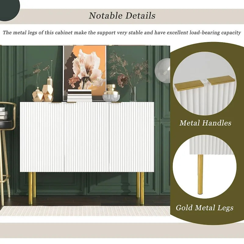 Credenza bianca/nera da 47" a 3 ante con gambe dorate e ripiani regolabili