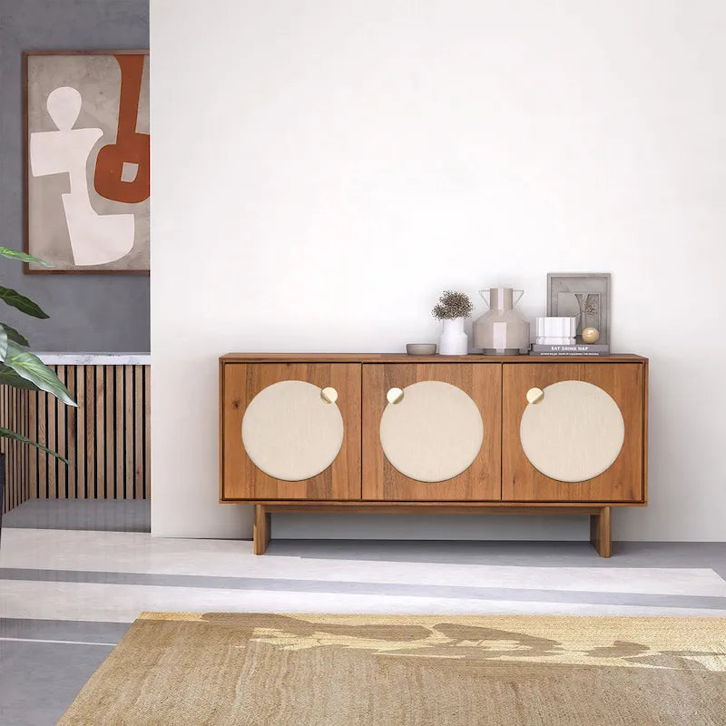 Credenza ampia in noce e ottone con ante in tessuto – Stile Mid-Century, montaggio per 1 persona