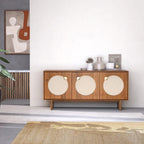 Credenza ampia in noce e ottone con ante in tessuto – Stile Mid-Century, montaggio per 1 persona