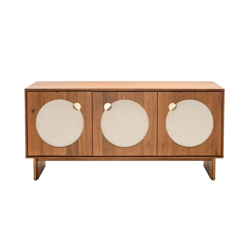 Credenza ampia in noce e ottone con ante in tessuto – Stile Mid-Century, montaggio per 1 persona