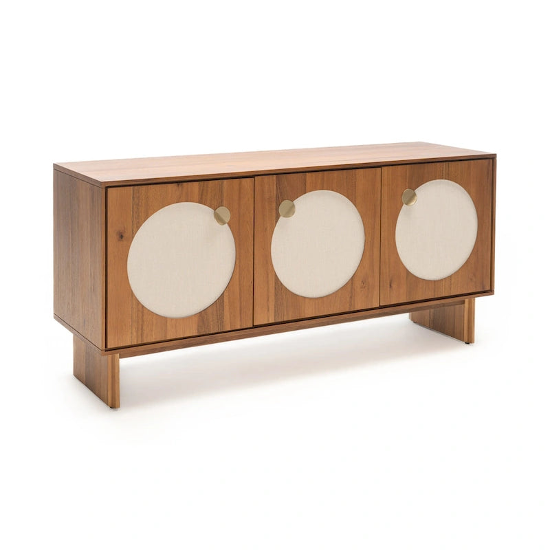 Credenza ampia in noce e ottone con ante in tessuto – Stile Mid-Century, montaggio per 1 persona