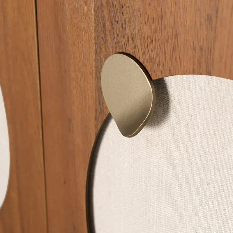 Credenza ampia in noce e ottone con ante in tessuto – Stile Mid-Century, montaggio per 1 persona
