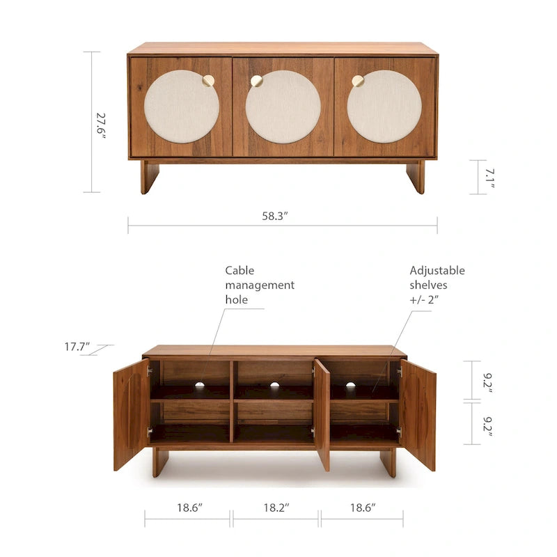 Credenza ampia in noce e ottone con ante in tessuto – Stile Mid-Century, montaggio per 1 persona