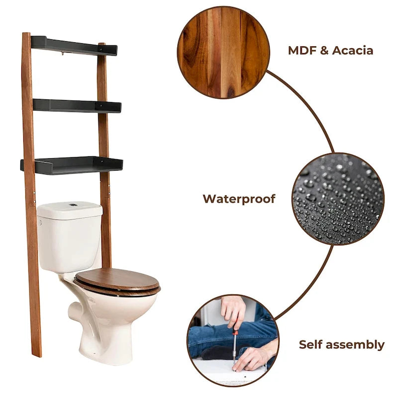 Scaffale a Scala da Bagno Sopra il WC in Legno Naturale e Grigio con 3 Ripiani – Montaggio da 1 Persona