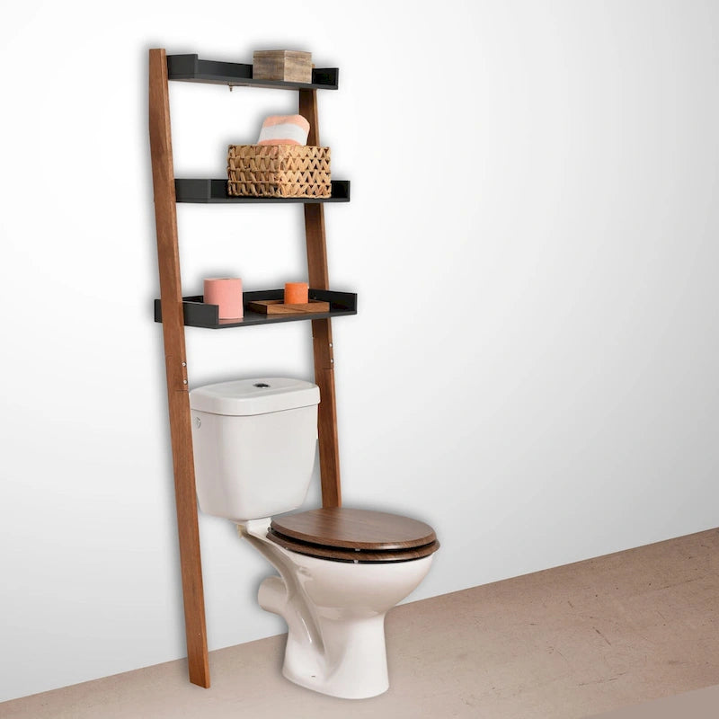 Scaffale a Scala da Bagno Sopra il WC in Legno Naturale e Grigio con 3 Ripiani – Montaggio da 1 Persona