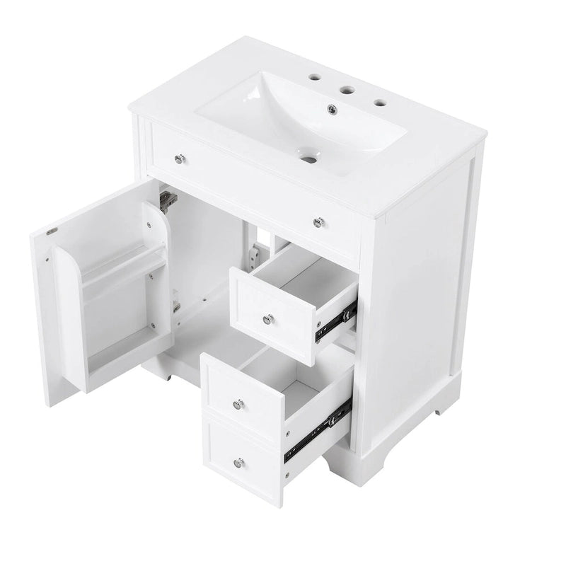 Mobile bagno bianco a lavabo singolo con lavello in ceramica, 1 anta e 2 cassetti