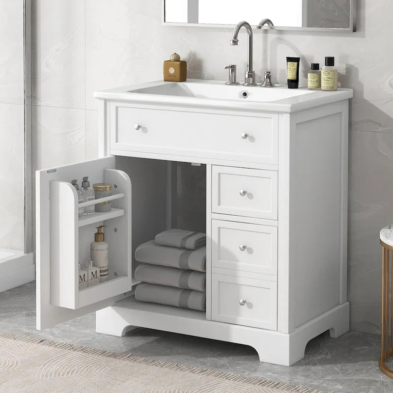 Mobile bagno bianco a lavabo singolo con lavello in ceramica, 1 anta e 2 cassetti
