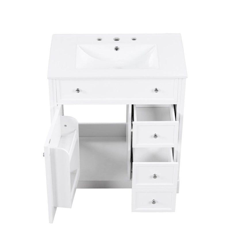 Mobile bagno bianco a lavabo singolo con lavello in ceramica, 1 anta e 2 cassetti