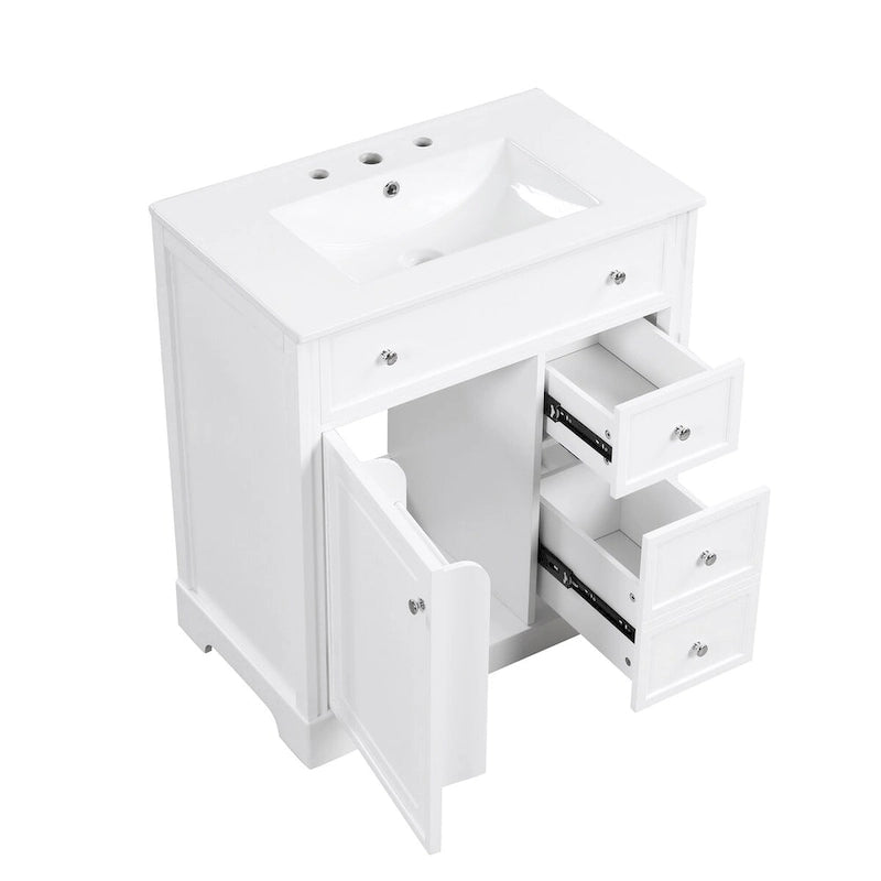Mobile bagno bianco a lavabo singolo con lavello in ceramica, 1 anta e 2 cassetti