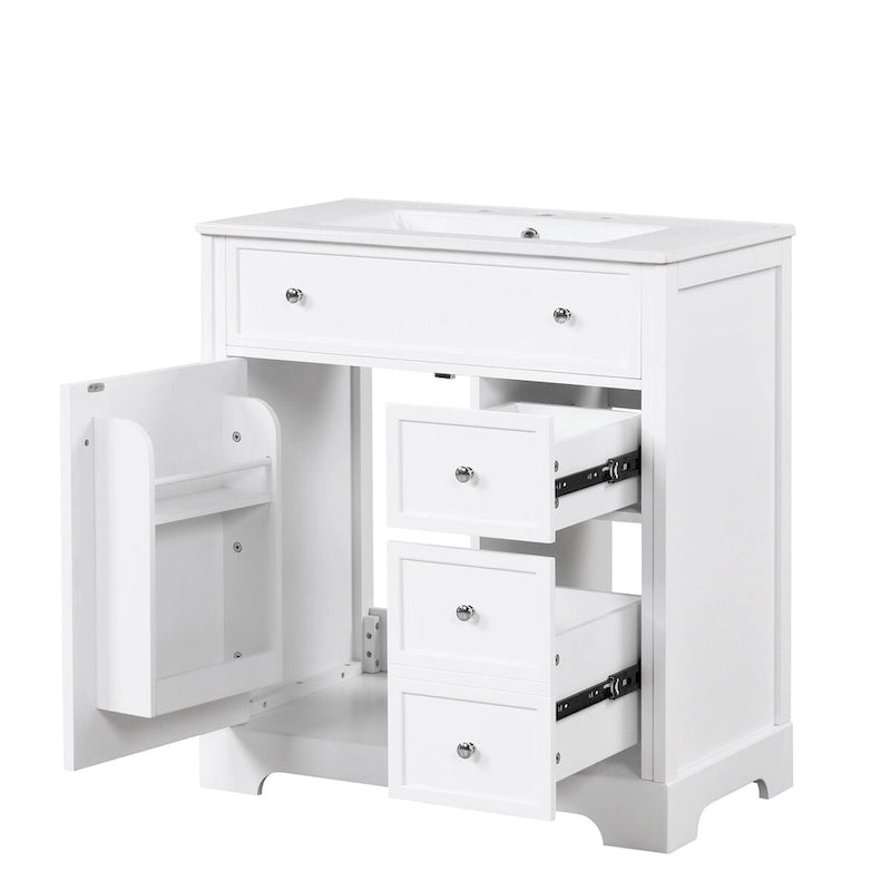 Mobile bagno bianco a lavabo singolo con lavello in ceramica, 1 anta e 2 cassetti