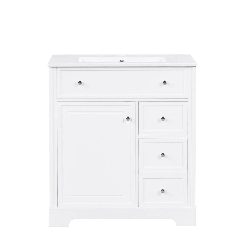 Mobile bagno bianco a lavabo singolo con lavello in ceramica, 1 anta e 2 cassetti