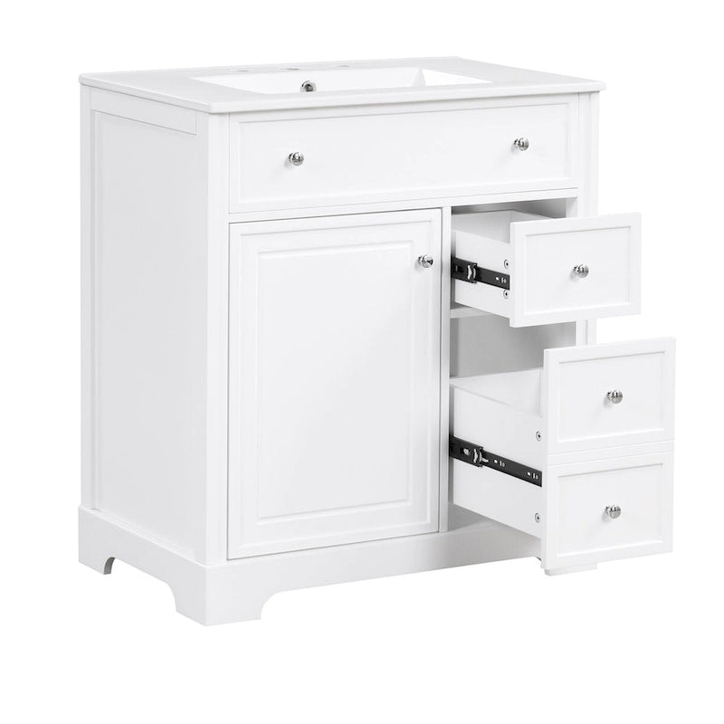Mobile bagno bianco a lavabo singolo con lavello in ceramica, 1 anta e 2 cassetti
