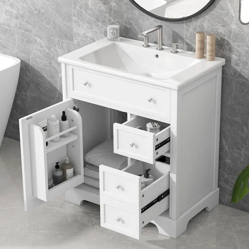 Mobile bagno bianco a lavabo singolo con lavello in ceramica, 1 anta e 2 cassetti